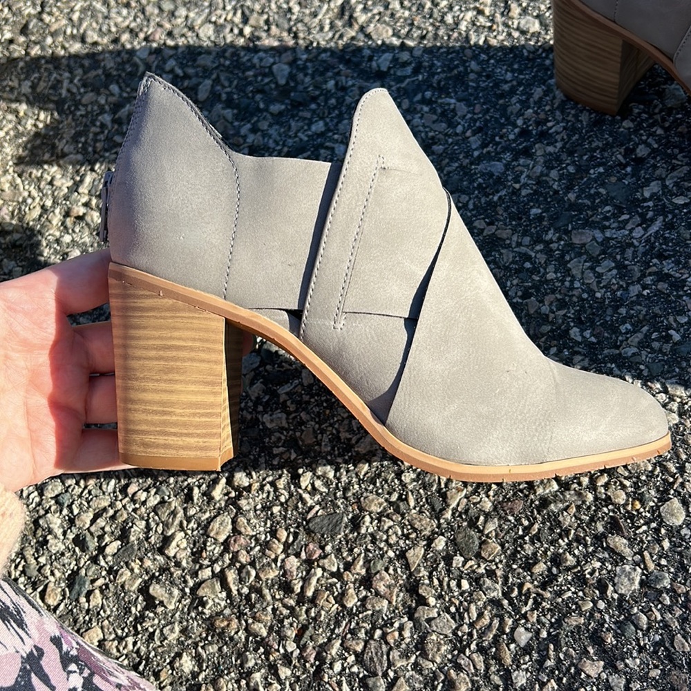 Born in California taupe tan criss cross heeled booties Stitch Fix